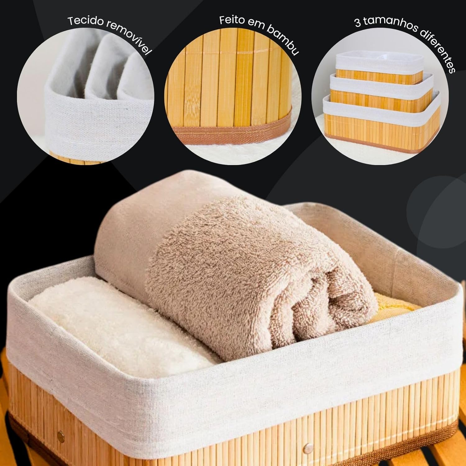 Cestos organizadores de bambu - 3 Unidades