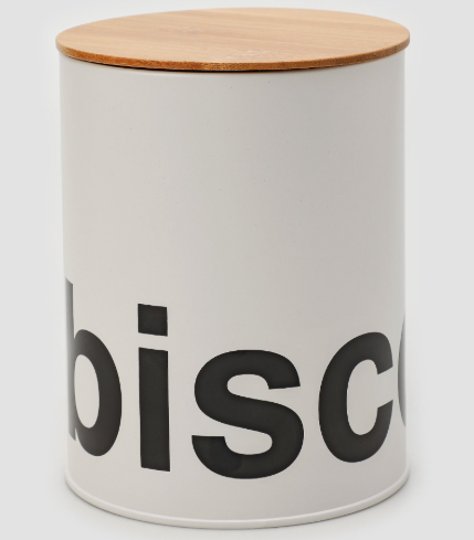 Pote de biscoito redondo de aço e bambu - branco